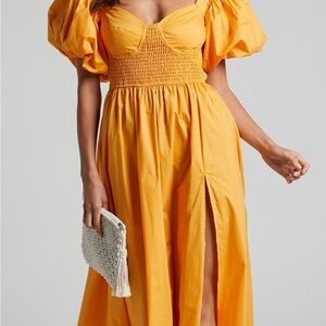Showpo Yellow Puff Sleeve Midi Dress